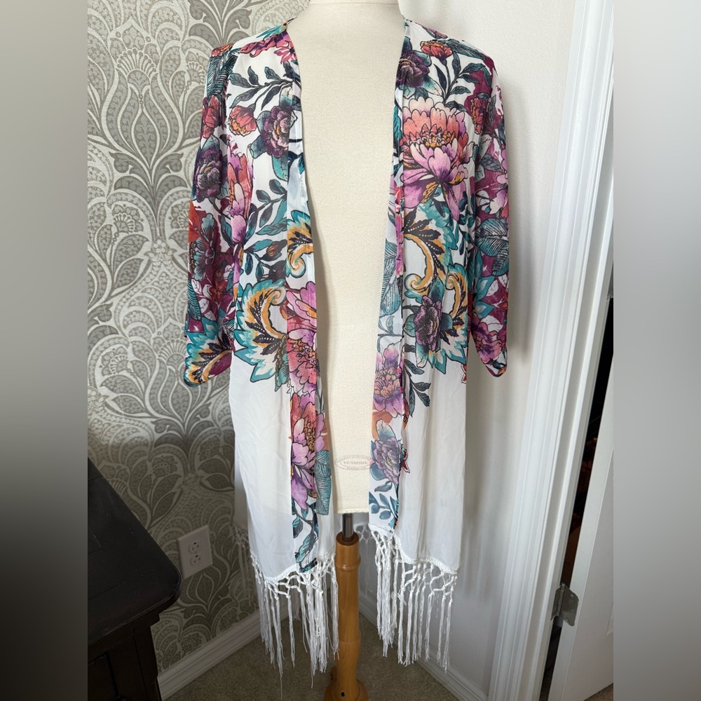 Floral Kimono Cardigan with Fringe